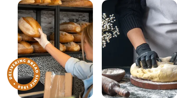 Variety of fresh bread loaves alongside trays of unbaked dough